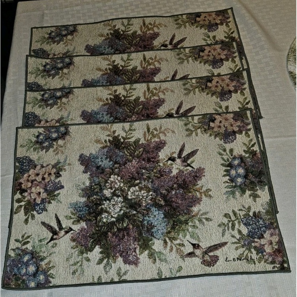 Lena Liu Set Of 4 Hummingbird Floral Tapestry Whisper Wings‎ Placemats Signed